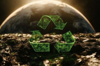 Zöld újrahasznosítási szimbólum a földgömb háttérben