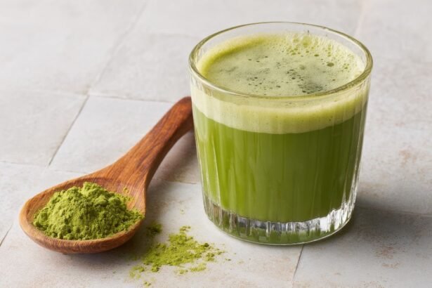 Friss zöldárpa italpor, egészséges zöld ital pohárban.