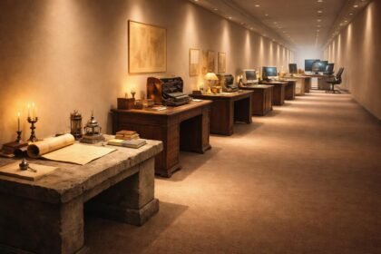 Képen különböző korok íróasztalai, jegyzetek, írás és digitális munka részletei.