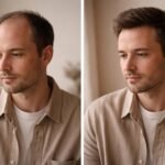 Páciens a hajbeültetés előtti gondolatokat mérlegelve, tükör előtt, fotókat nézve