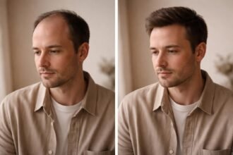 Páciens a hajbeültetés előtti gondolatokat mérlegelve, tükör előtt, fotókat nézve