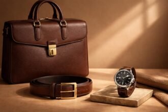 Luxus bőrtáska, öv és karóra egy elegáns bemutatón