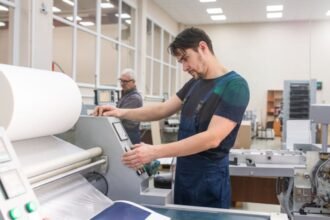 Nyomdász egy matricanyomtató gép mellett, professzionális nyomtatási tippekkel.