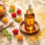 Málnamagolaj üveg és friss málna a szépségápolási termékek között.