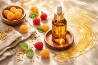 Málnamagolaj üveg és friss málna a szépségápolási termékek között.