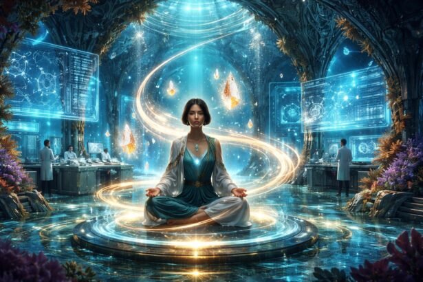 Meditáló nő az Atlantiszról szóló kutatás laboratóriumában.