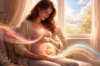 Terhesség alatt érzelmes kismama a hasát tartja, mellette támogató partner.