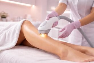 IPL szőrtelenítő kezelés során a szakember kezeli a lábat