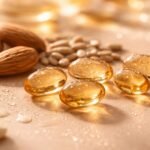 E-vitamin kapszulák és mandulák, antioxidáns hatásokkal.