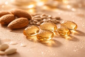 E-vitamin kapszulák és mandulák, antioxidáns hatásokkal.