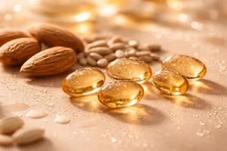 E-vitamin kapszulák és mandulák, antioxidáns hatásokkal.