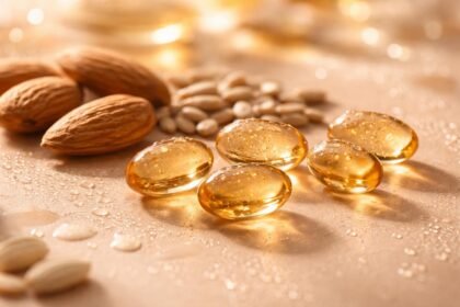 E-vitamin kapszulák és mandulák, antioxidáns hatásokkal.