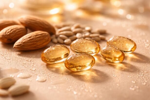 E-vitamin kapszulák és mandulák, antioxidáns hatásokkal.