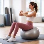 Nő fitness labdán edz, a testtartás és egyensúly fejlesztéséhez.