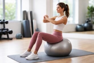 Nő fitness labdán edz, a testtartás és egyensúly fejlesztéséhez.