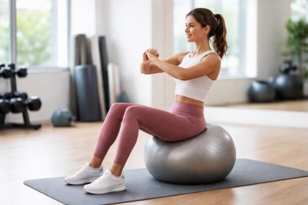 Nő fitness labdán edz, a testtartás és egyensúly fejlesztéséhez.