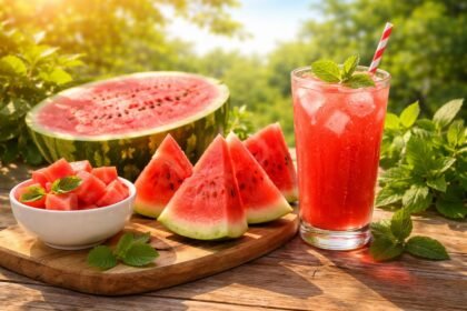 Friss görögdinnye és görögdinnye ital friss menta levéllel