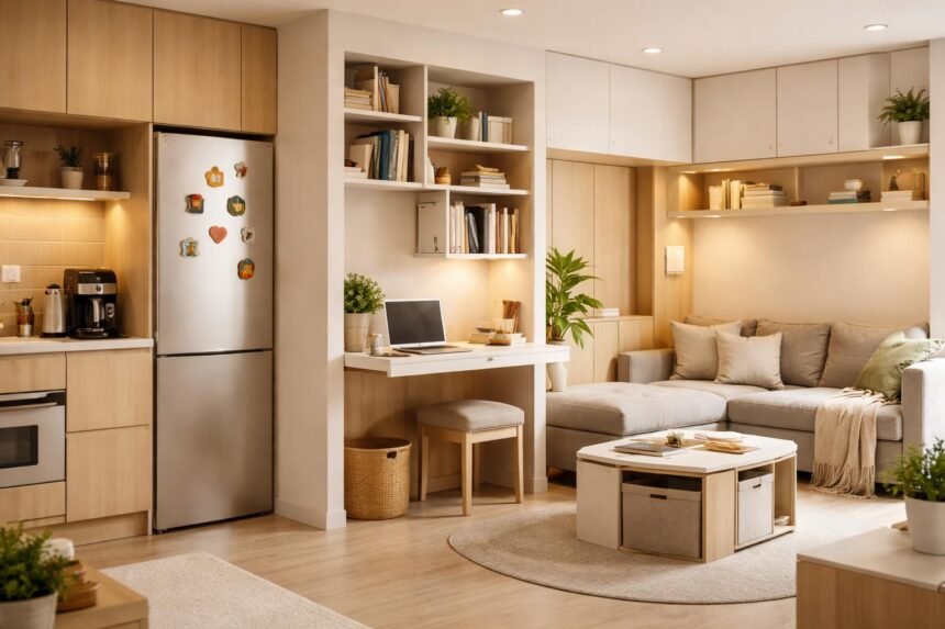 Kis lakásban okos tárolási megoldásokkal rendezett, stílusos enteriőrrel és kompakt berendezéssel