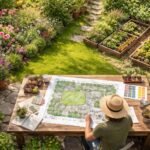 Új kertre készülő kezdő tervező, növényválasztási és öntözési dilemmákkal ábrázolva.