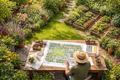 Új kertre készülő kezdő tervező, növényválasztási és öntözési dilemmákkal ábrázolva.