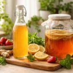 Kombucha üveg és gyümölcsök frissítő környezetben