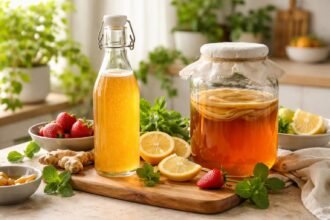 Kombucha üveg és gyümölcsök frissítő környezetben