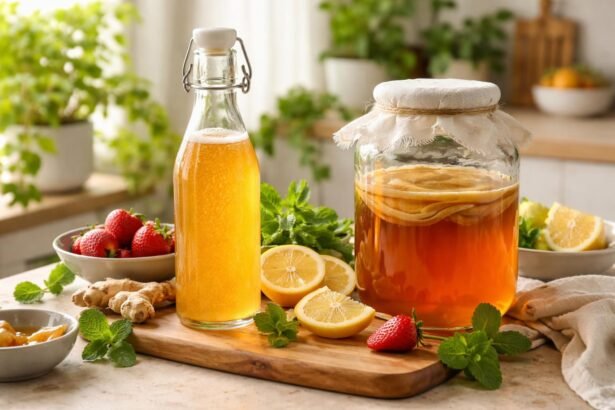 Kombucha üveg és gyümölcsök frissítő környezetben