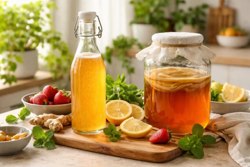 Kombucha üveg és gyümölcsök frissítő környezetben