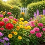 Színes kerti virágok pillangókkal a háttérben