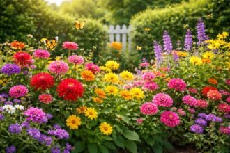 Színes kerti virágok pillangókkal a háttérben